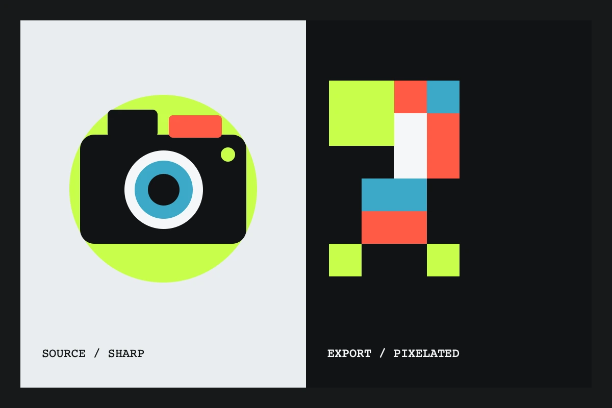 A crisp illustrated camera beside its degraded pixelated version